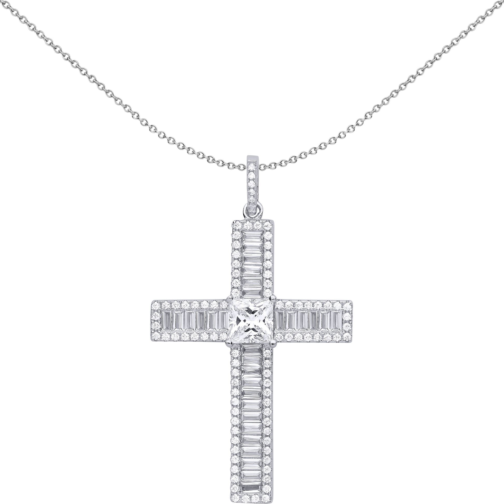 Unisex Silver  Princess CZ Vanity Mirror Style Cross Pendant - GVX054