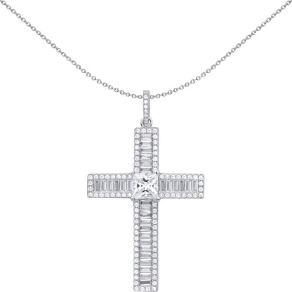 Unisex Silver  Princess CZ Vanity Mirror Style Cross Pendant - GVX054