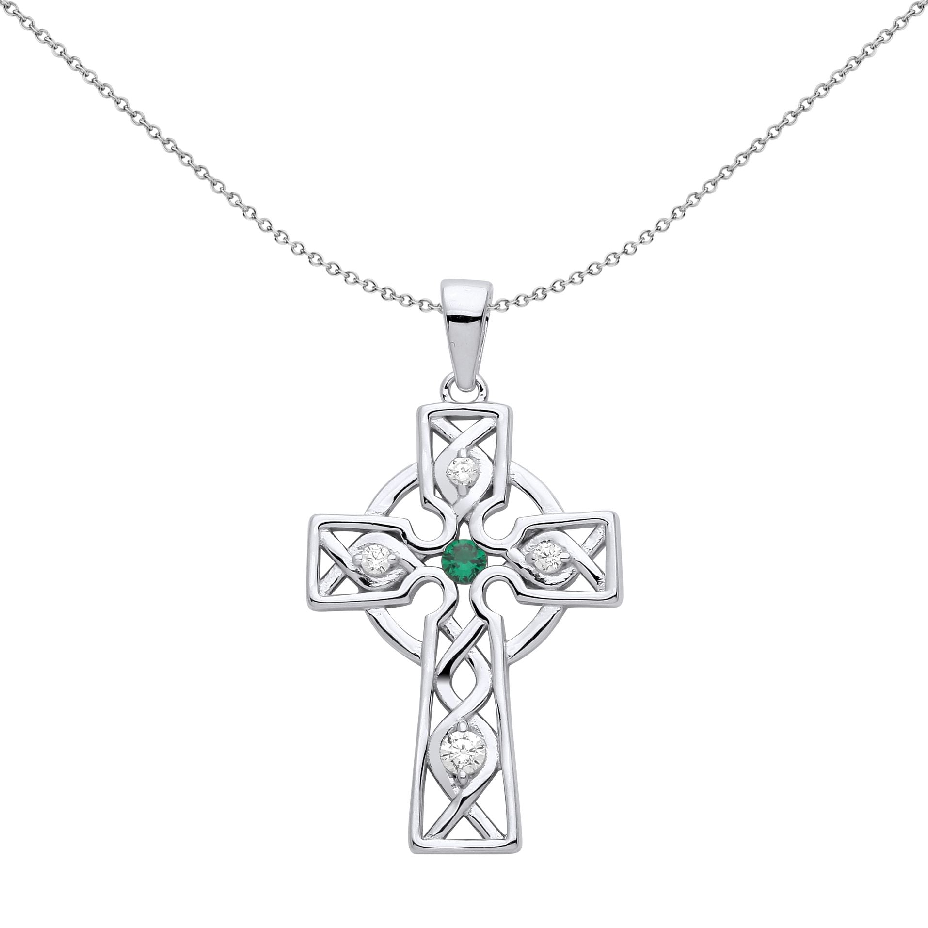 Unisex Silver  Green CZ Plaited Celtic Cross Necklace 18" - GVX055