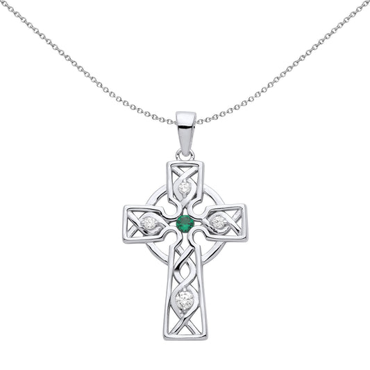 Unisex Silver  Green CZ Plaited Celtic Cross Necklace - GVX055