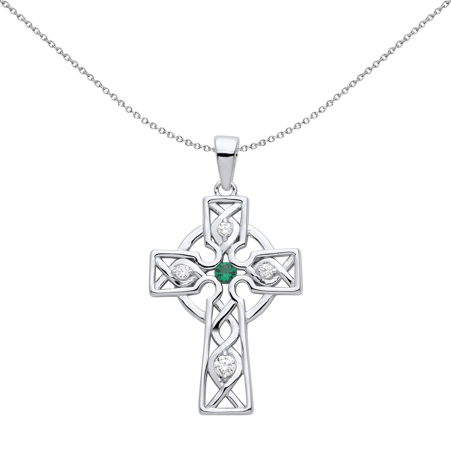 Unisex Silver  Green CZ Plaited Celtic Cross Necklace 18" - GVX055