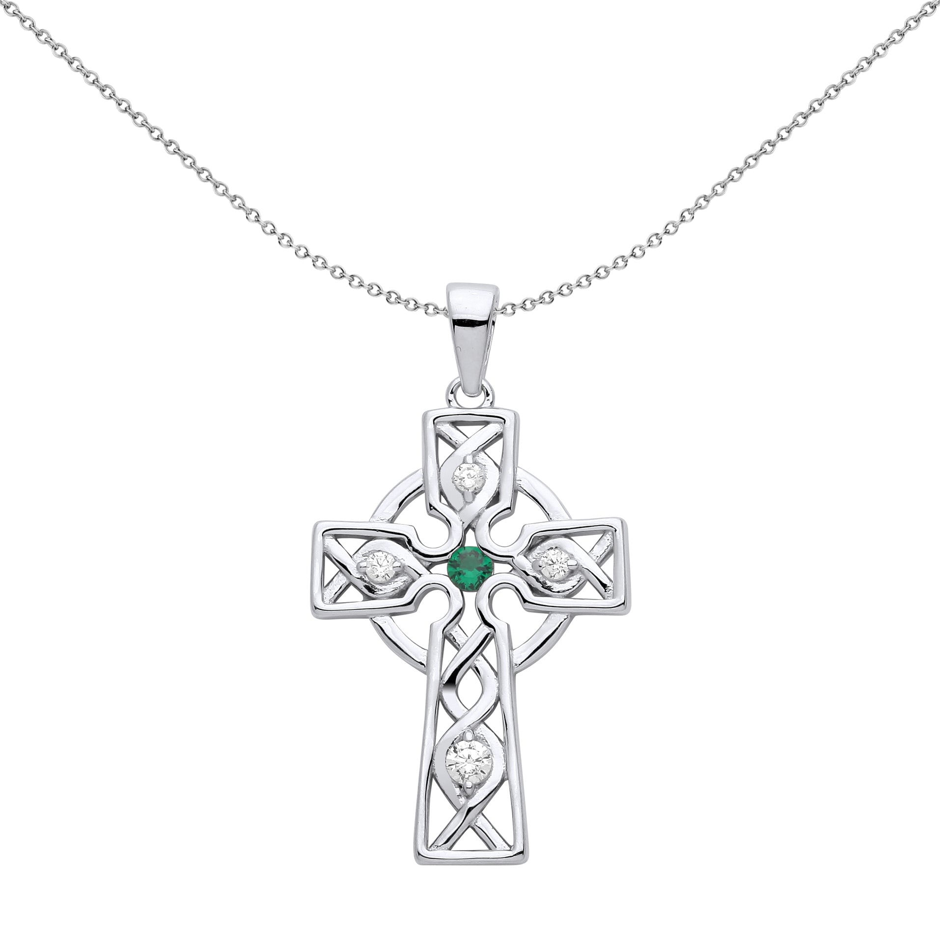 Unisex Silver  Green CZ Plaited Celtic Cross Necklace 18" - GVX055