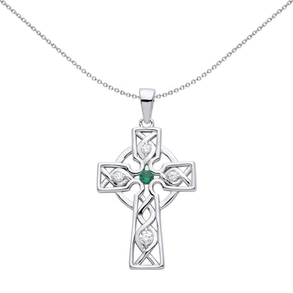 Unisex Silver  Green CZ Plaited Celtic Cross Necklace 18" - GVX055