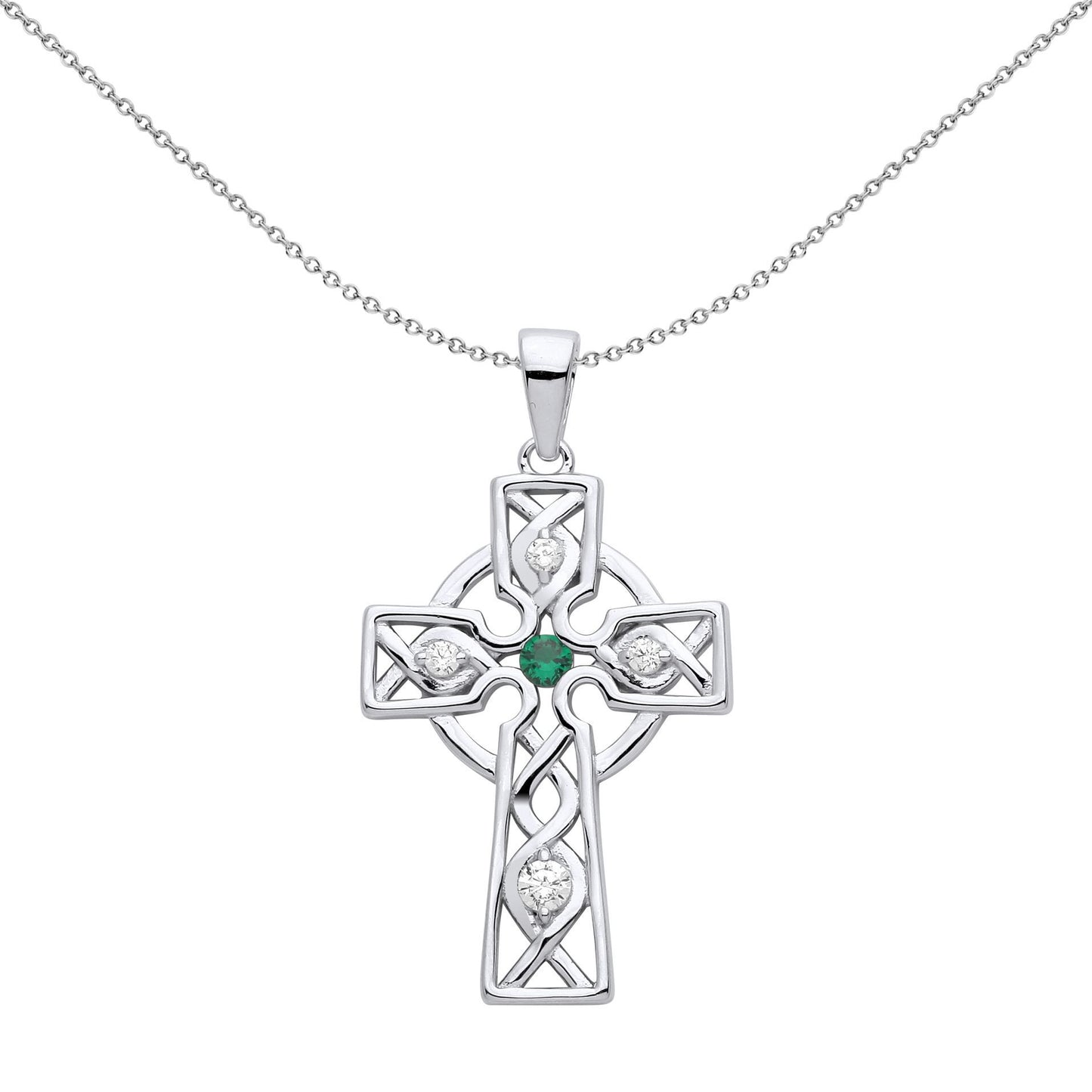 Unisex Silver  Green CZ Plaited Celtic Cross Necklace - GVX055