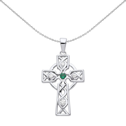 Unisex Silver  Green CZ Plaited Celtic Cross Necklace - GVX055