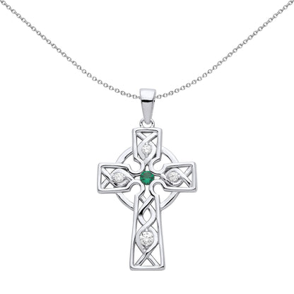 Unisex Silver  Green CZ Plaited Celtic Cross Necklace 18" - GVX055