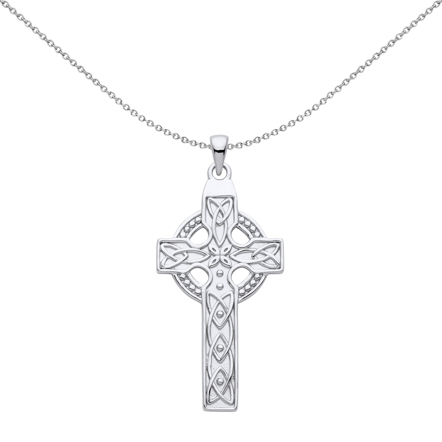 Unisex Silver  Trinity Knot Beaded Celtic Cross Pendant Necklace - GVX056