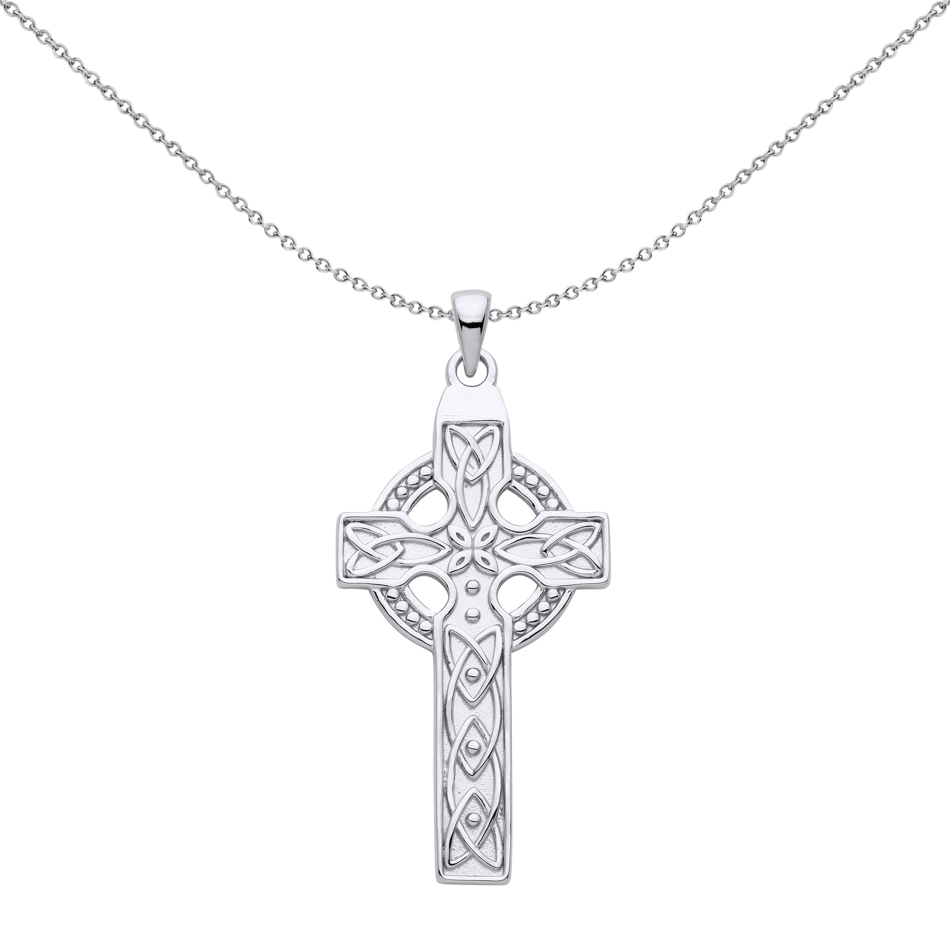 Unisex Silver  Trinity Knot Beaded Celtic Cross Pendant Necklace - GVX056