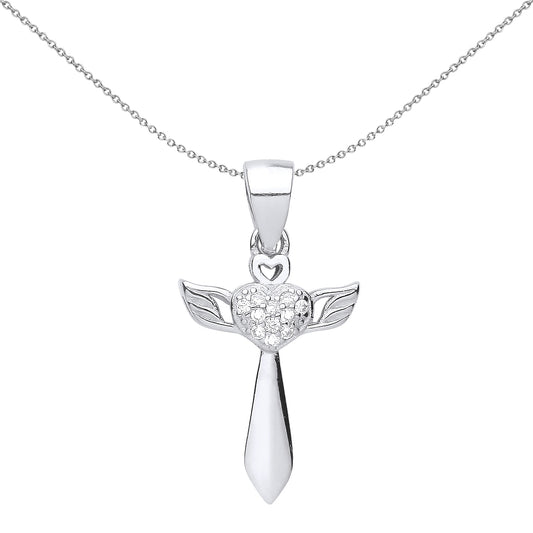 Unisex Silver  Love Heart Angel Wings Cross Pendant Necklace - GVX058