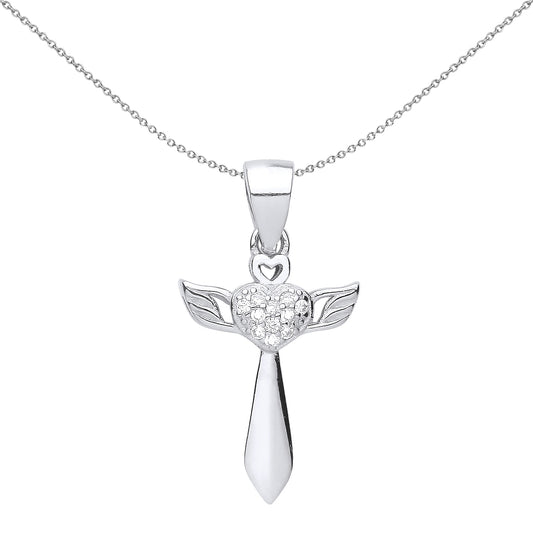 Unisex Silver  CZ Heart Angel Wings Cross Pendant Necklace 18" - GVX058