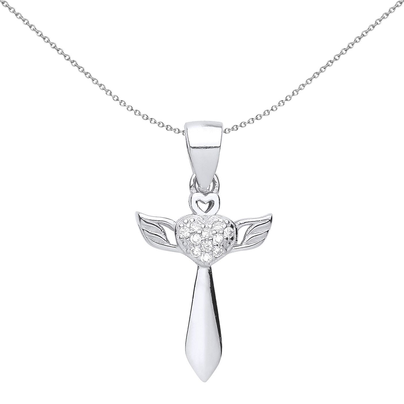 Unisex Silver  CZ Heart Angel Wings Cross Pendant Necklace - GVX058