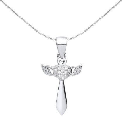 Unisex Silver  CZ Heart Angel Wings Cross Pendant Necklace - GVX058