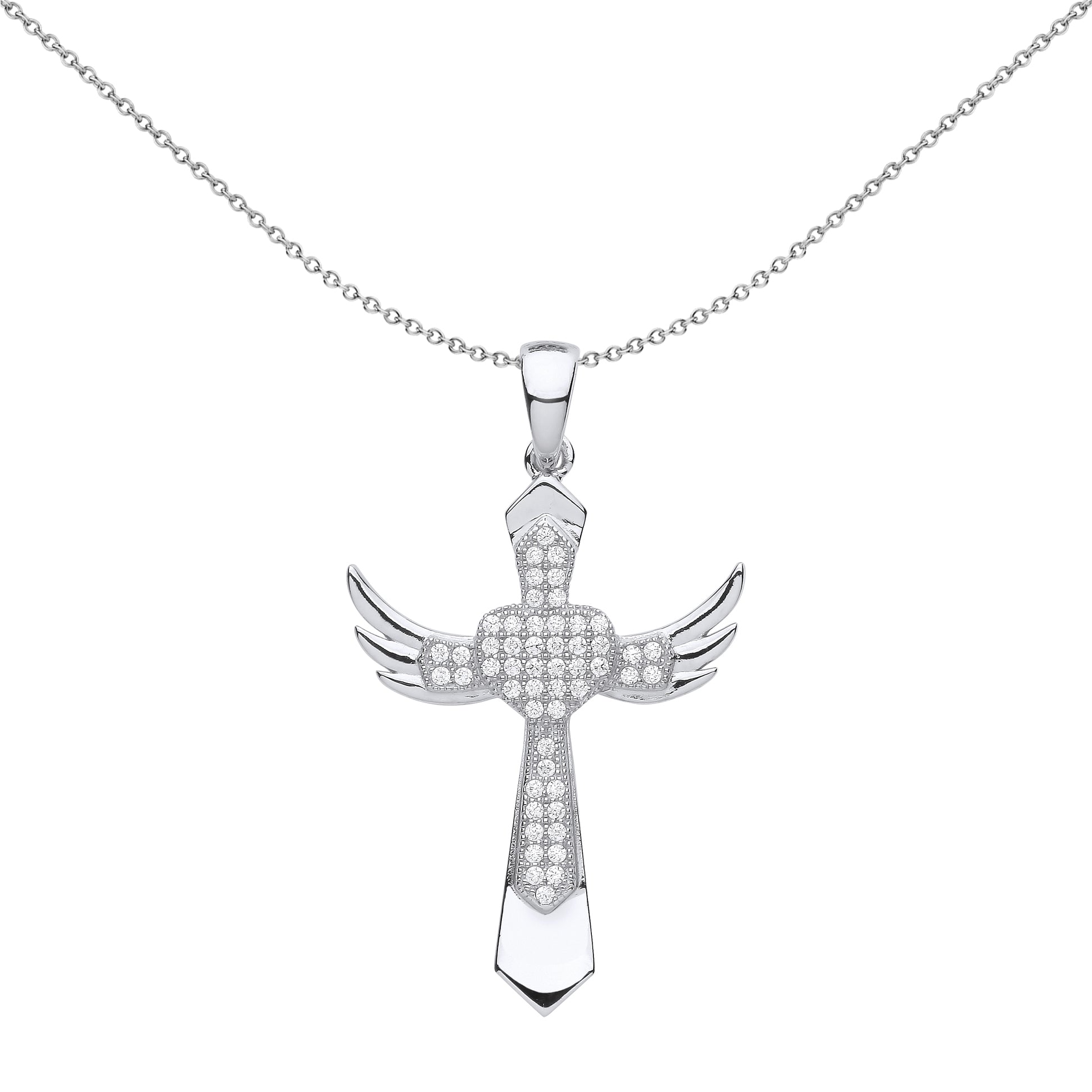 Unisex Silver  CZ Heart Angel Wings Cross Pendant Necklace 18" - GVX059