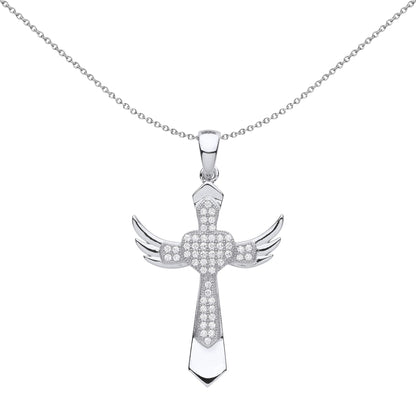 Unisex Silver  CZ Heart Angel Wings Cross Pendant Necklace 18" - GVX059