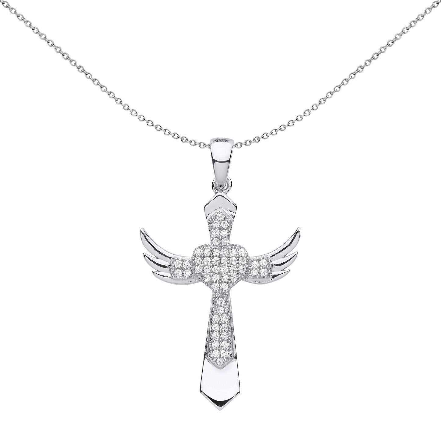 Unisex Silver  CZ Heart Angel Wings Cross Pendant Necklace - GVX059