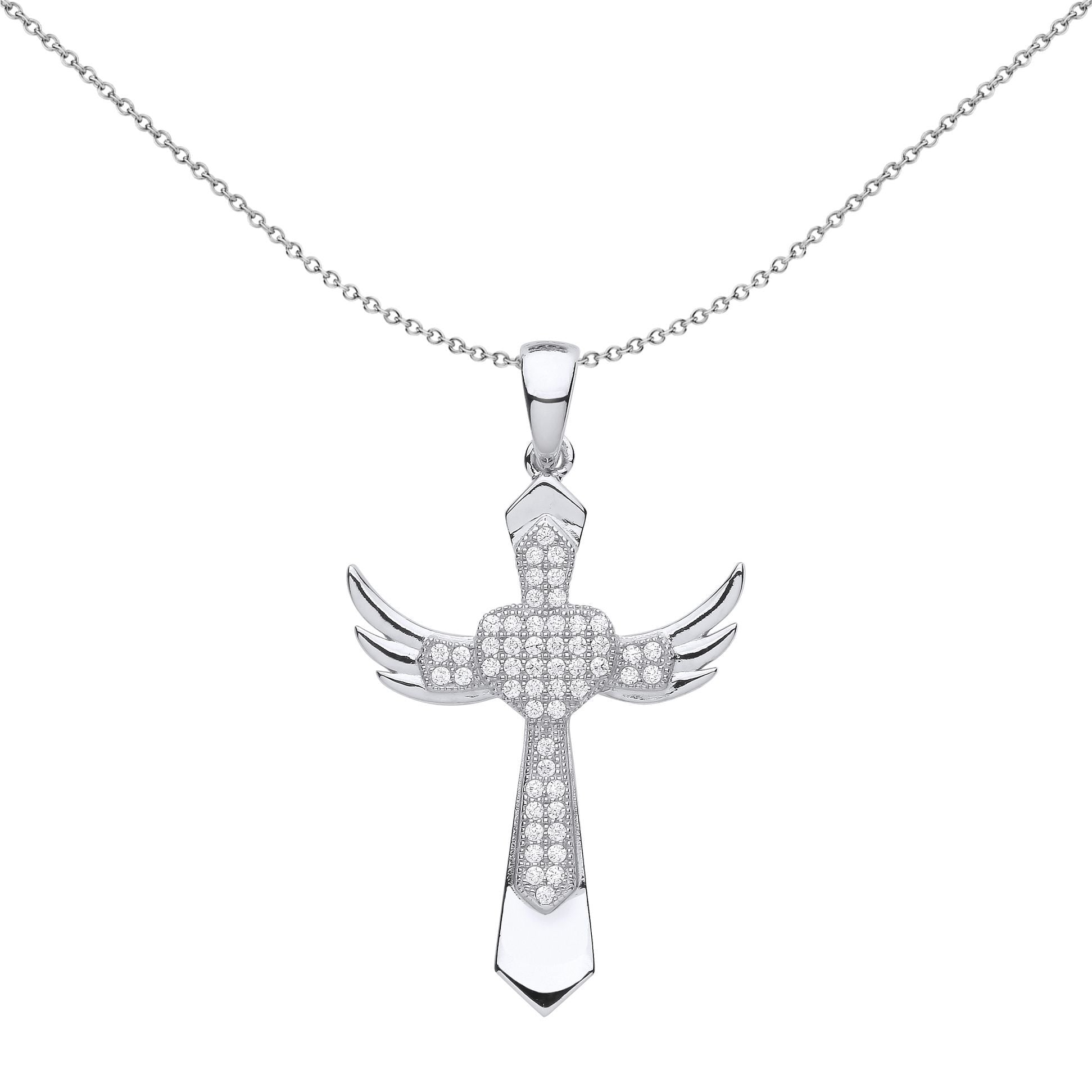 Unisex Silver  CZ Heart Angel Wings Cross Pendant Necklace - GVX059