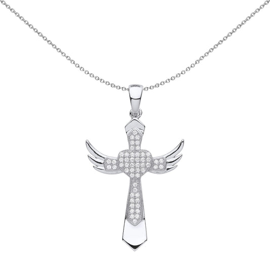Unisex Silver  CZ Heart Angel Wings Cross Pendant Necklace - GVX059