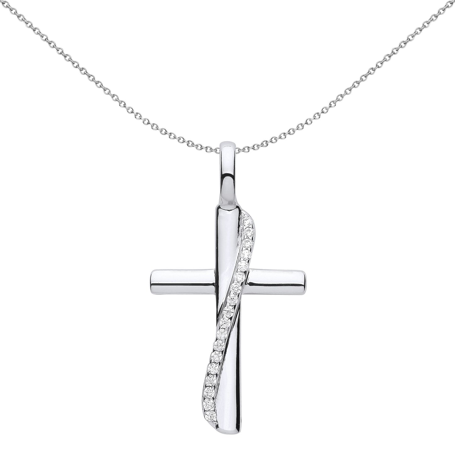 Unisex Silver  CZ Eternity Sash Ribbon Cross Pendant Necklace 18" - GVX061