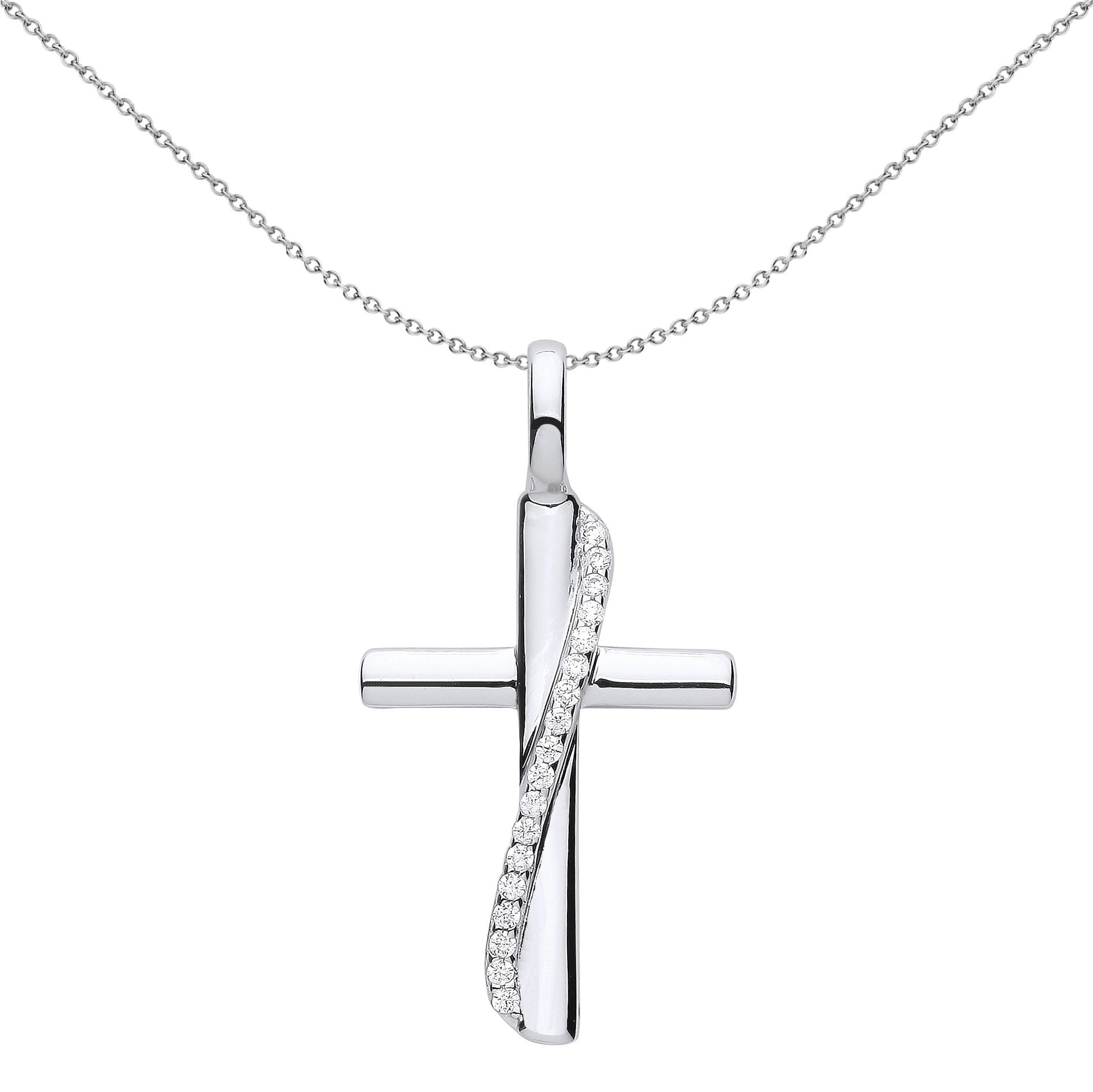 Unisex Silver  CZ Eternity Sash Ribbon Cross Pendant Necklace - GVX061