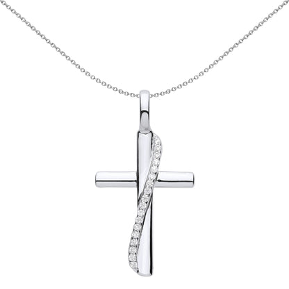 Unisex Silver  CZ Eternity Sash Ribbon Cross Pendant Necklace - GVX061