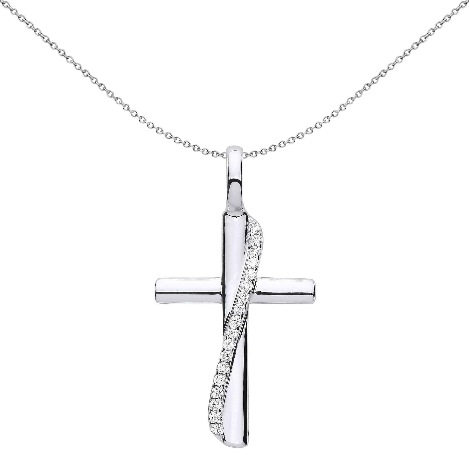 Unisex Silver  CZ Eternity Sash Ribbon Cross Pendant Necklace 18" - GVX061