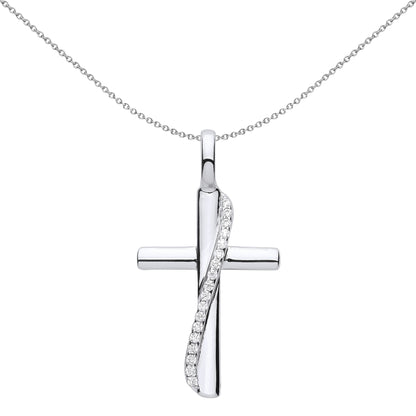 Unisex Silver  CZ Eternity Sash Ribbon Cross Pendant Necklace 18" - GVX061