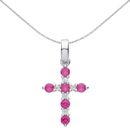 Unisex Silver  Red CZ Eternity Bezant Cross Necklace - GVX062