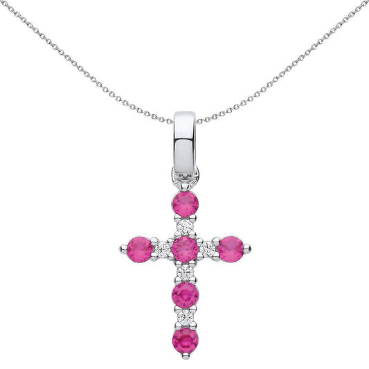 Unisex Silver  Red CZ Eternity Bezant Cross Necklace - GVX062