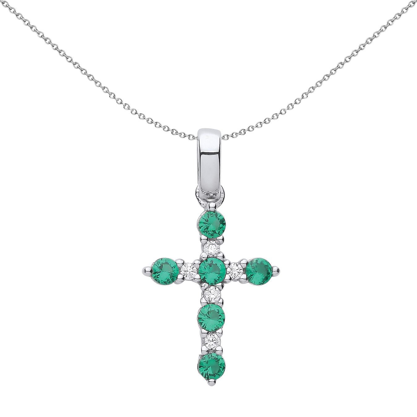 Unisex Silver  Green CZ Eternity Bezant Cross Necklace - GVX063