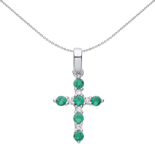 Unisex Silver  Green CZ Eternity Bezant Cross Necklace - GVX063