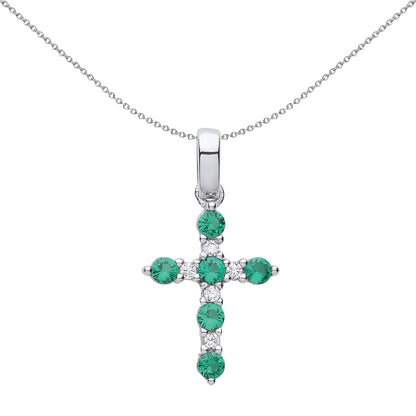 Unisex Silver  Green CZ Eternity Bezant Cross Necklace 18" - GVX063