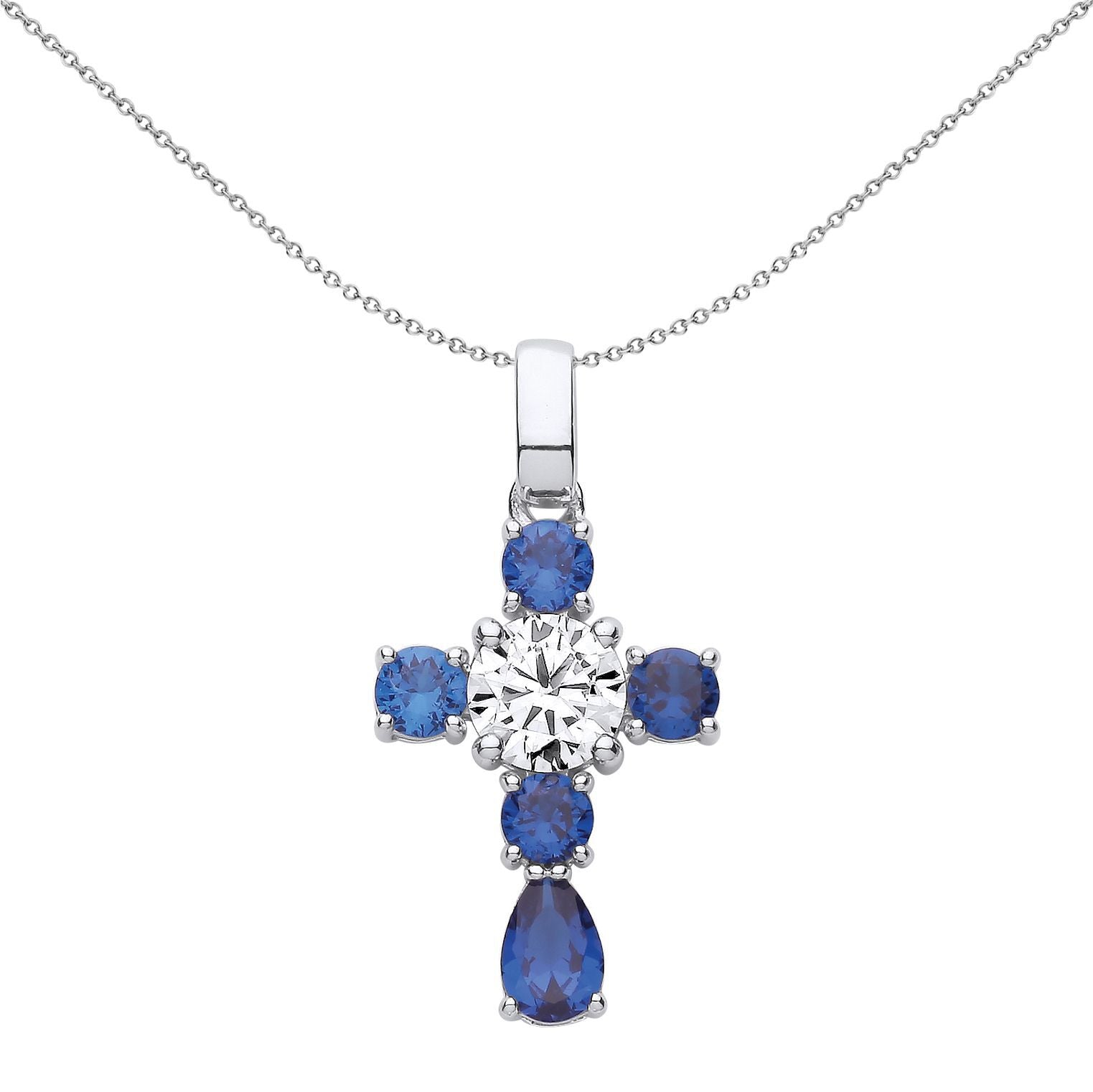 Unisex Silver  Blue Pear CZ Bubbly Raindrop Cross Necklace - GVX064