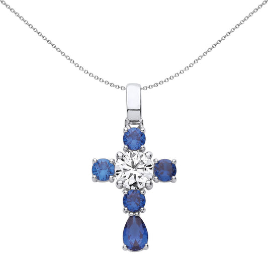 Unisex Silver  Blue Pear CZ Bubbly Raindrop Cross Necklace - GVX064