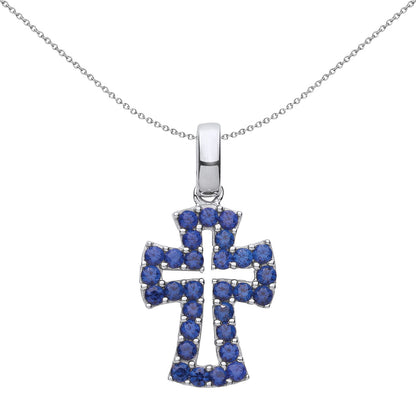 Silver  Blue CZ Graduated Serif Byzantine Cross Necklace 18" - GVX065