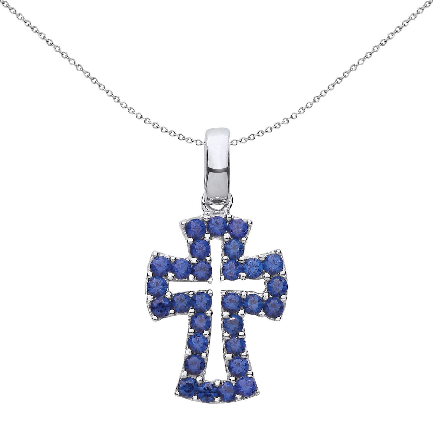 Silver  Blue CZ Graduated Serif Byzantine Cross Necklace - GVX065