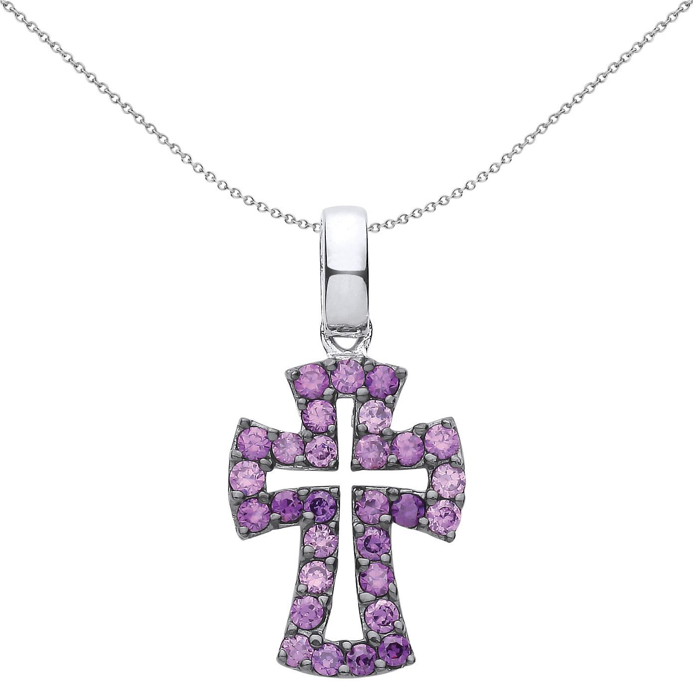 Silver  Purple CZ Graduated Serif Byzantine Cross Necklace - GVX066
