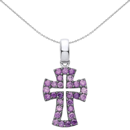 Silver  Purple CZ Graduated Serif Byzantine Cross Necklace 18" - GVX066