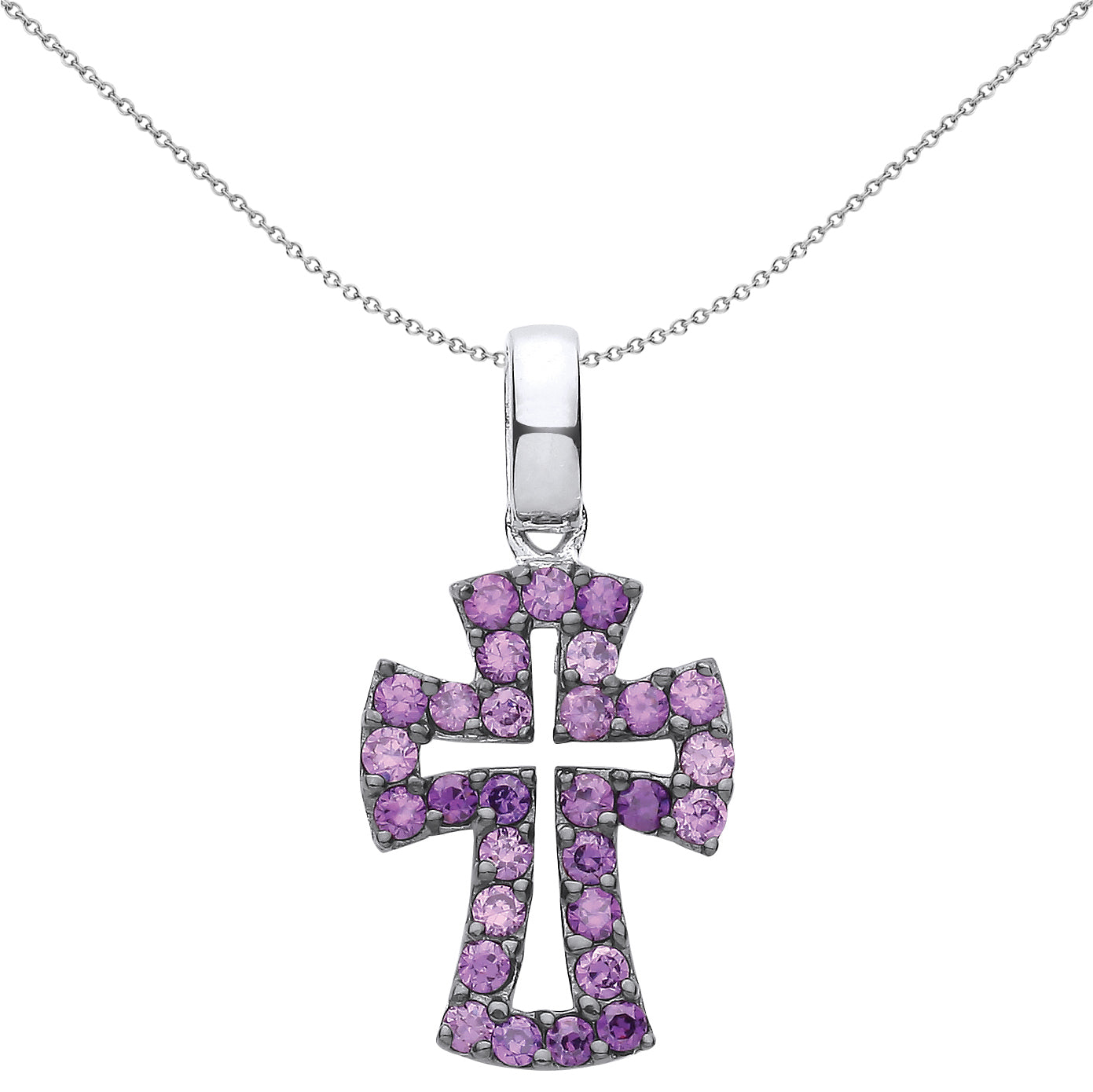 Silver  Purple CZ Graduated Serif Byzantine Cross Necklace 18" - GVX066