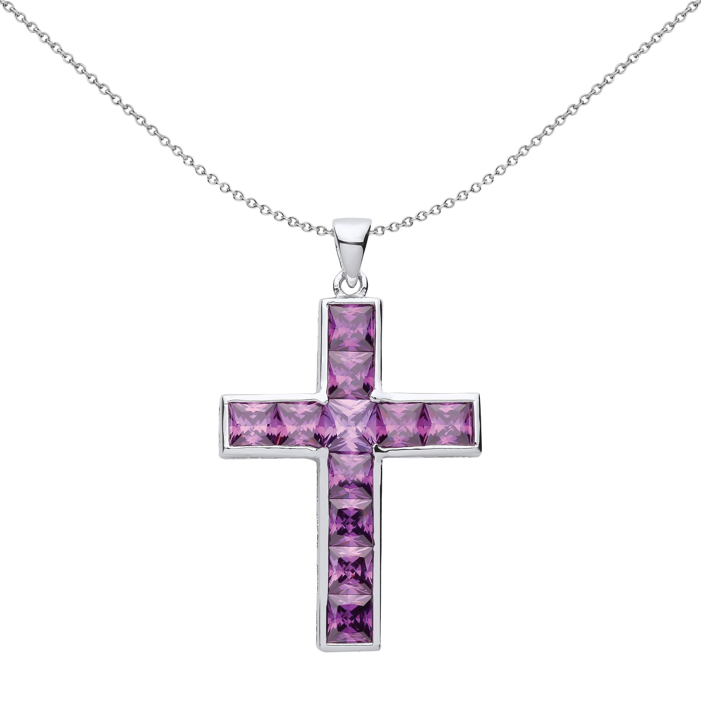 Silver  Purple Princess CZ Minimalist Bezel Cross Necklace 18" - GVX067