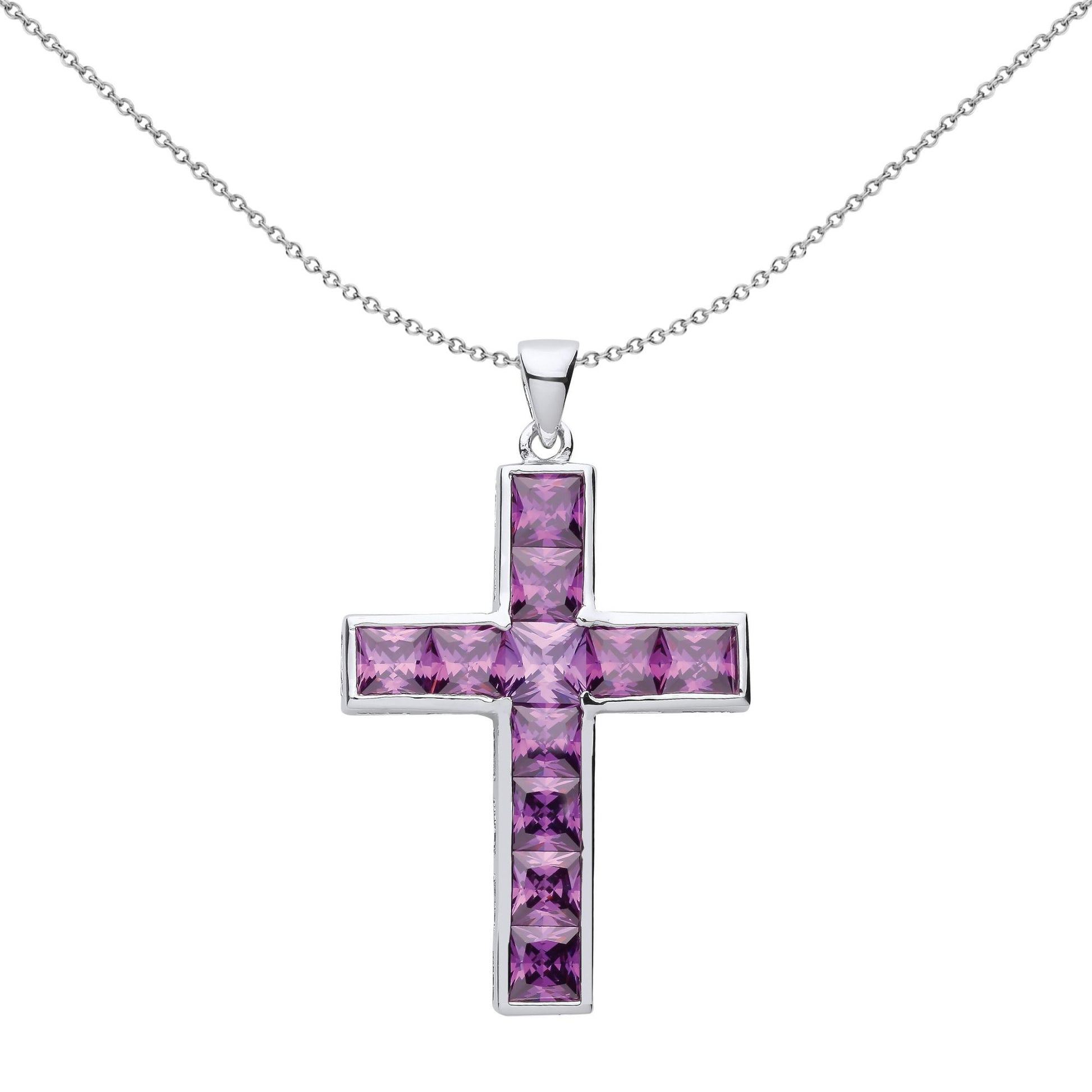 Silver  Purple Princess CZ Minimalist Bezel Cross Necklace - GVX067