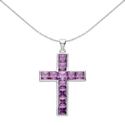 Silver  Purple Princess CZ Minimalist Bezel Cross Necklace - GVX067