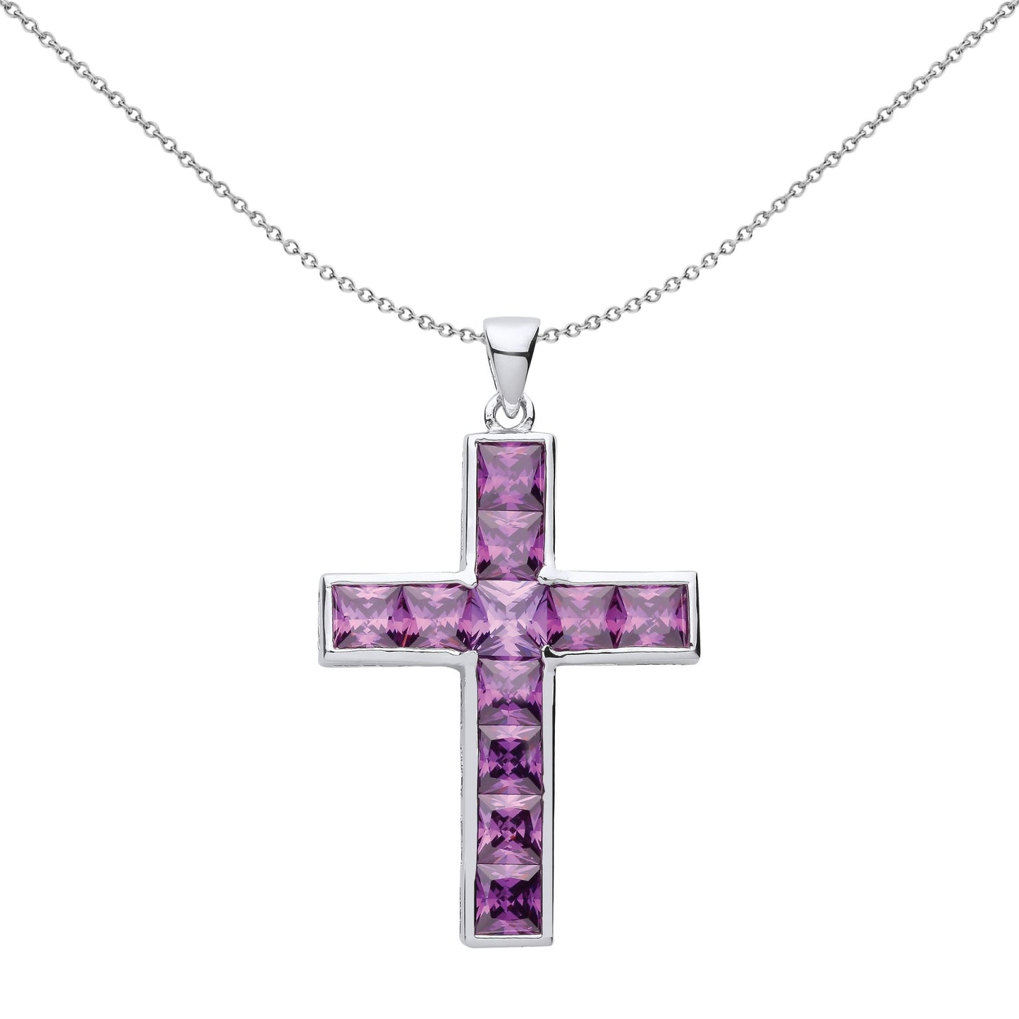 Silver  Purple Princess CZ Minimalist Bezel Cross Necklace 18" - GVX067