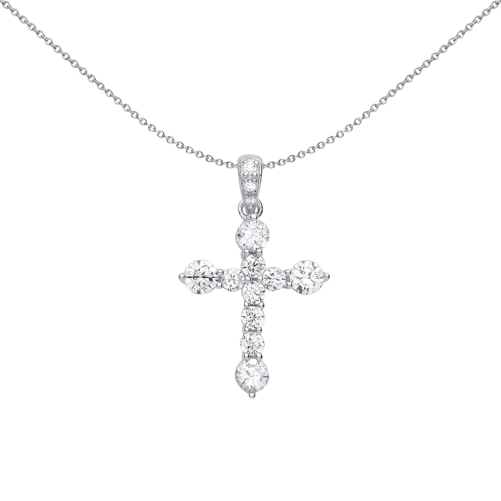 Unisex Silver  CZ Graduated Bubble Cross Pendant Necklace - GVX068