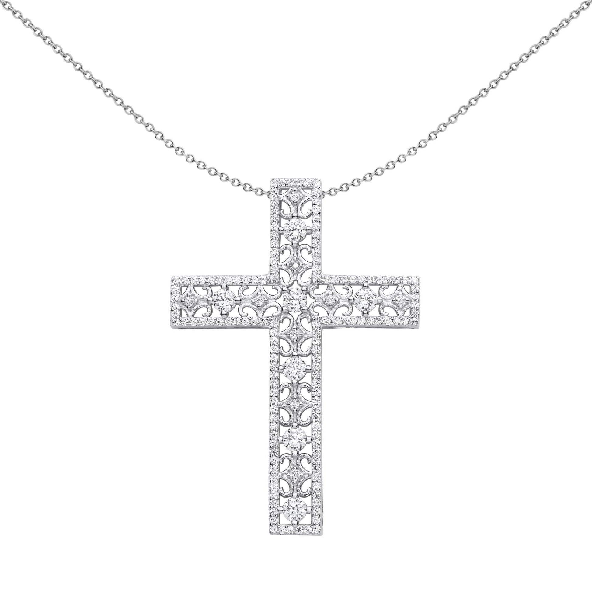 Unisex Silver  CZ Filigree Lattice Outline Cross Necklace 18" - GVX071