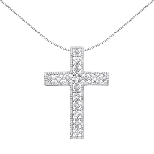 Unisex Silver  CZ Filigree Lattice Outline Cross Necklace 18" - GVX071