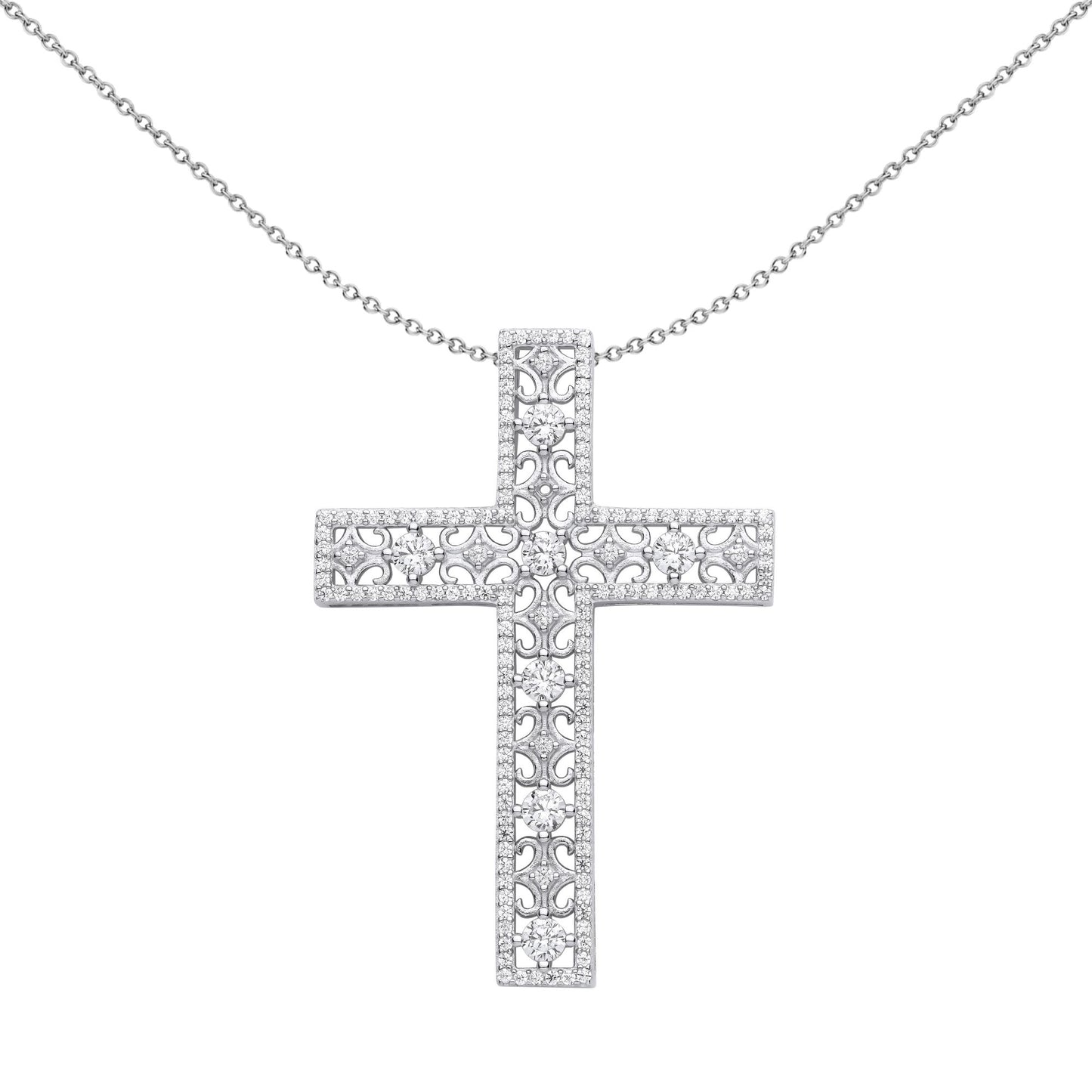 Unisex Silver  CZ Filigree Lattice Outline Cross Necklace 18" - GVX071