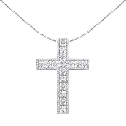 Unisex Silver  CZ Filigree Lattice Outline Cross Necklace 18" - GVX071