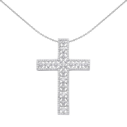 Unisex Silver  CZ Filigree Lattice Outline Cross Necklace - GVX071