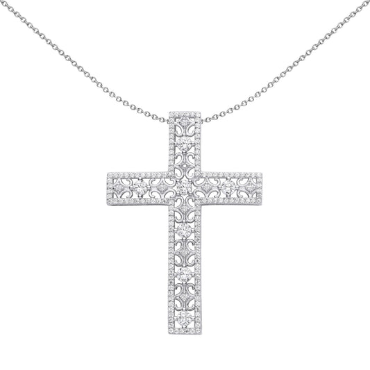 Unisex Silver  CZ Filigree Lattice Outline Cross Necklace - GVX071