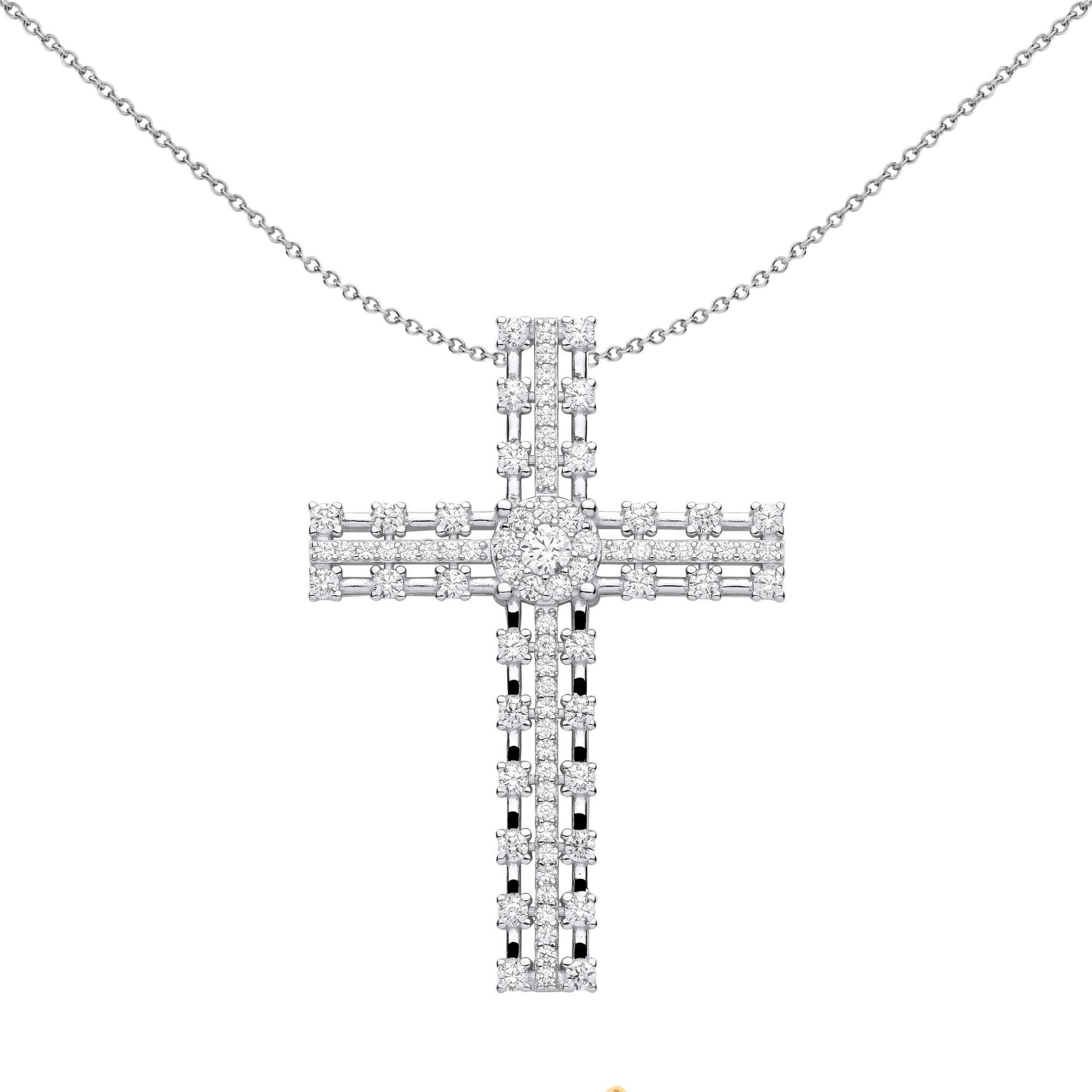 Unisex Silver  CZ Station Outline Eternity Cross Necklace - GVX072
